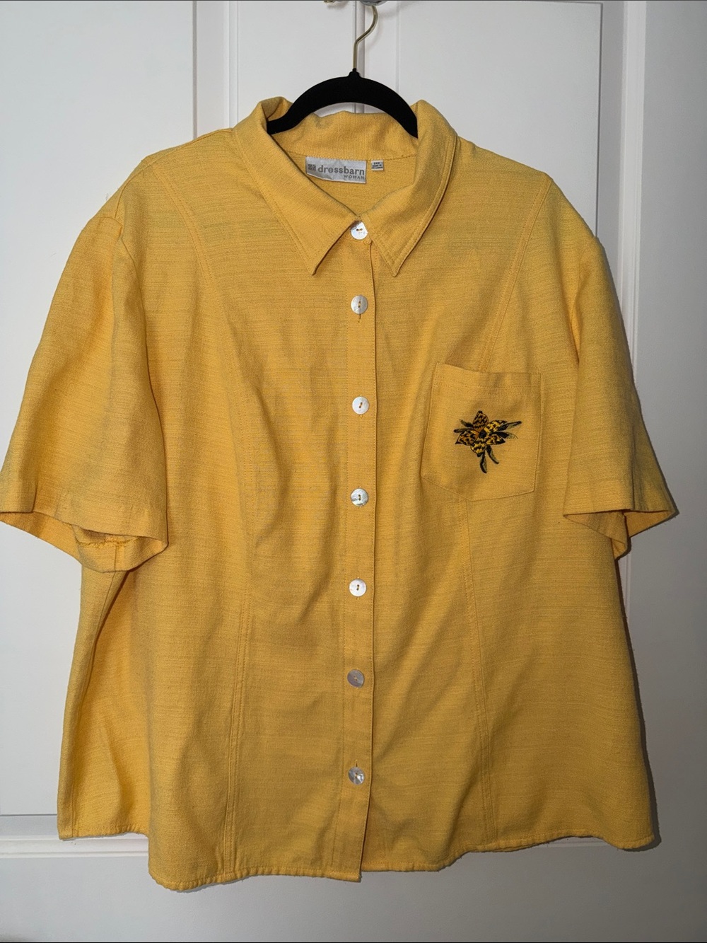 dressbarn Yellow Short-Sleeve Button-Down Shirt with Pocket Embroidery